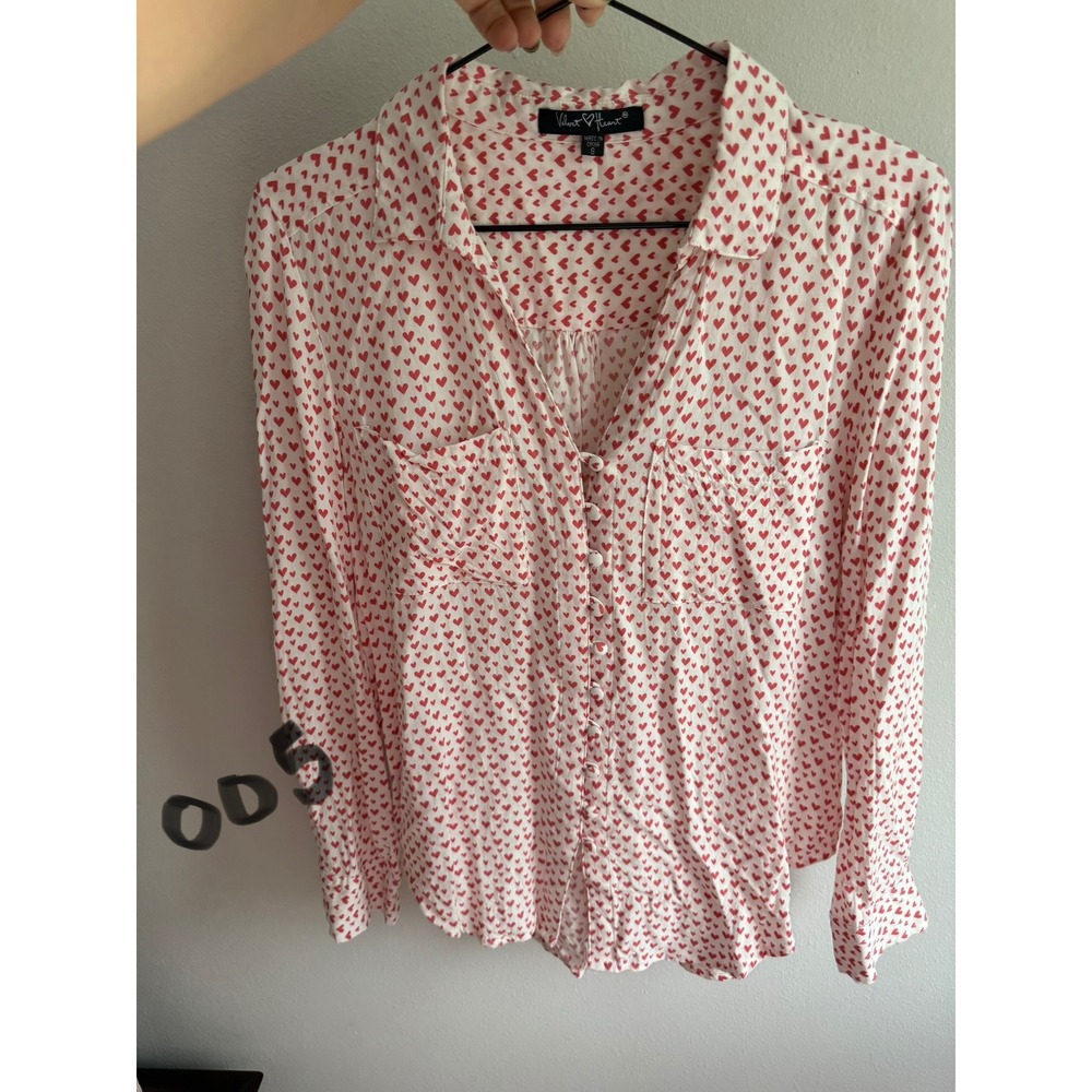 Velvet Heart Button Down Shirt Women Small White Red Heart Print Blouse